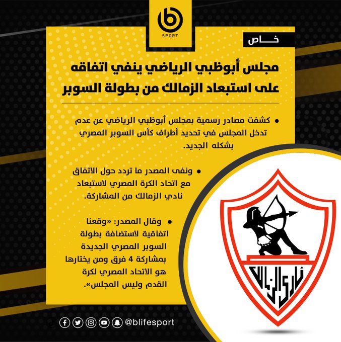 "عاجل" مجلس أبوظبي يتبرأ من استبعاد الزمالك من السوبر في بيان رسمي